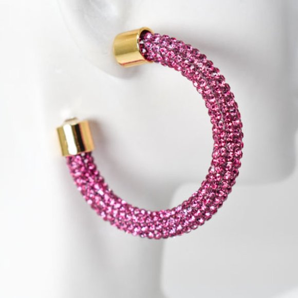 1.75" Boho Fuchsia Pave Rhinestones Hoop Earrings - Picture 8 of 12